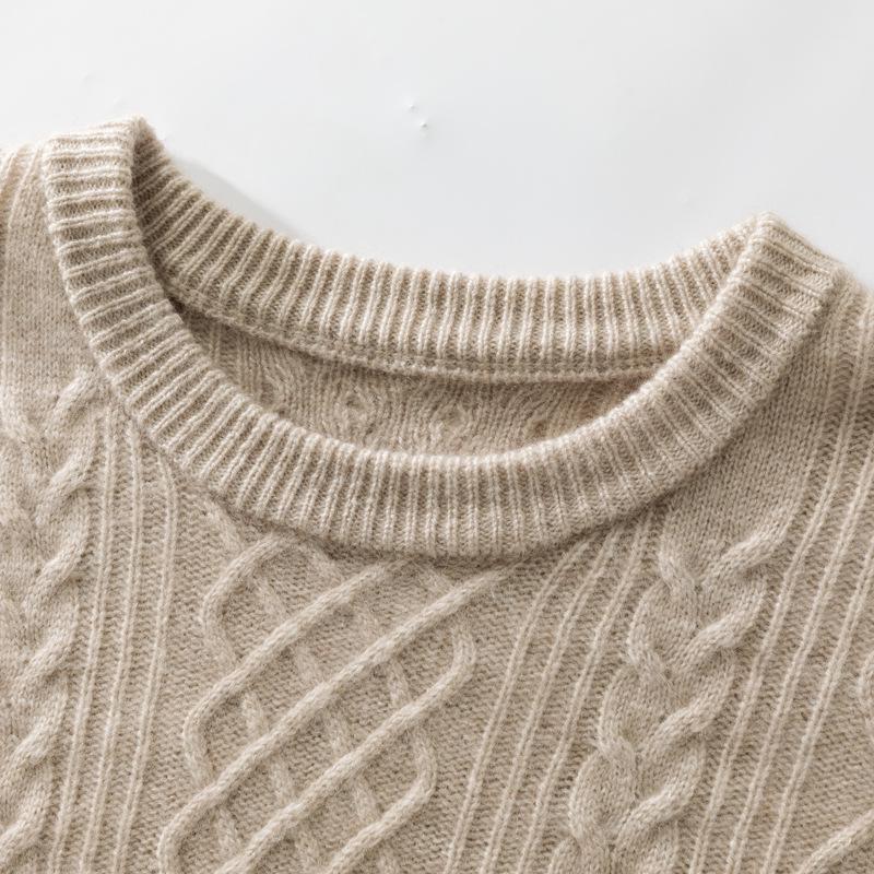Men's Loose Round Neck Cable Knit Cashmere Sweater - Business Casual Jacquard Knitwear