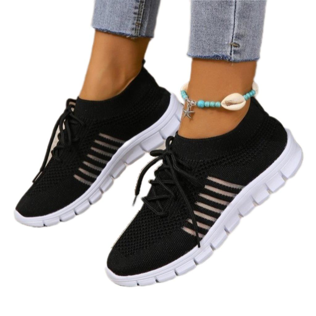 Spring and summer fly-woven mesh single shoes breathable sports shoes deep mouth lace-up muffin sole casual shoes women's shoes