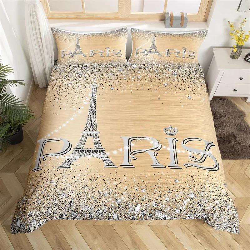 Eiffel Tower Duvet Cover Set Single Twin King For Kids Girl Teen Room Paris Bedding Set Microfiber Gradient Diamond Quilt Cover