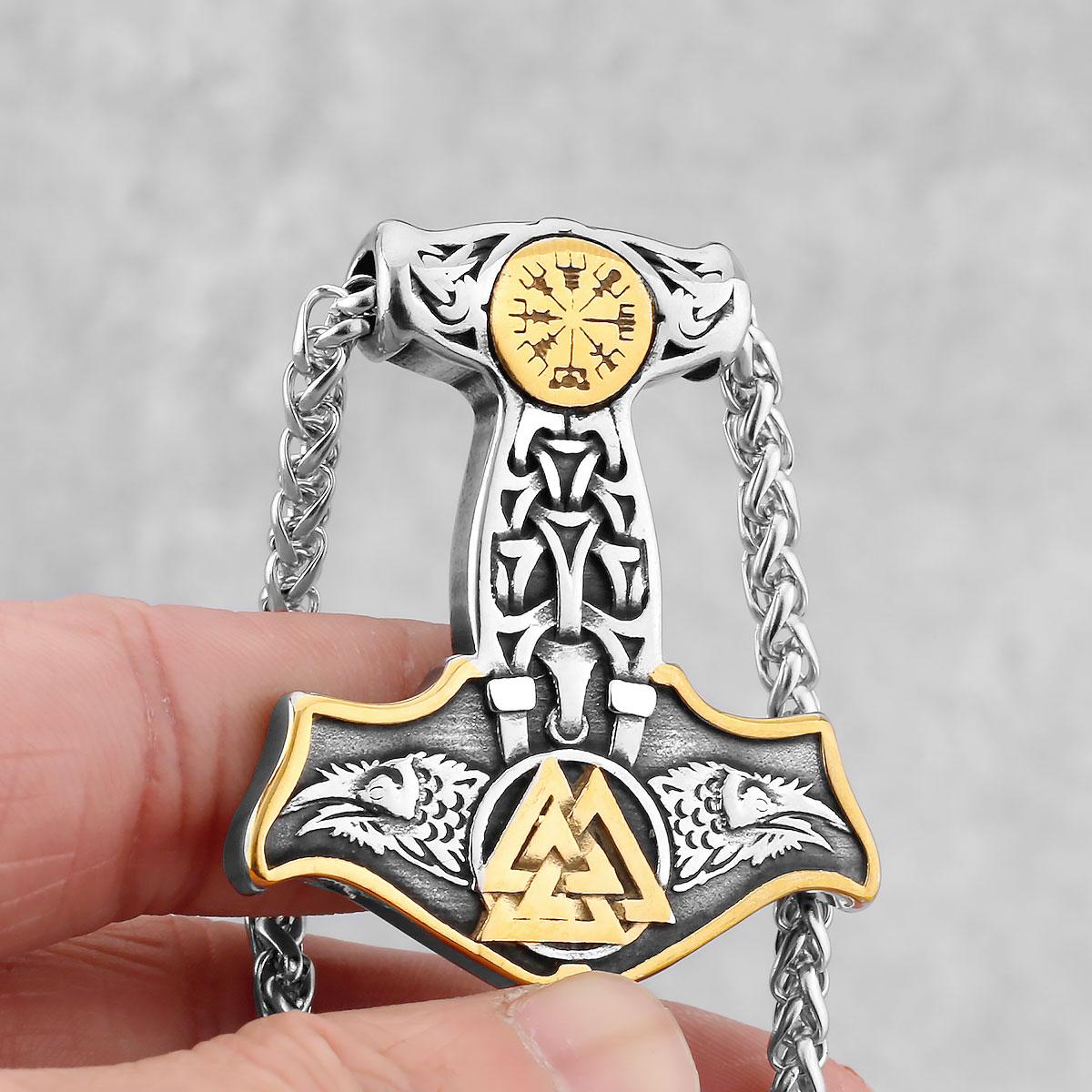 Ciondolo a forma di martello di Thor vichingo norreno in oro 18 carati con pietre CZ, amuleto protettivo Mjolnir per uomo, 26,5 x 22 mm - Italia