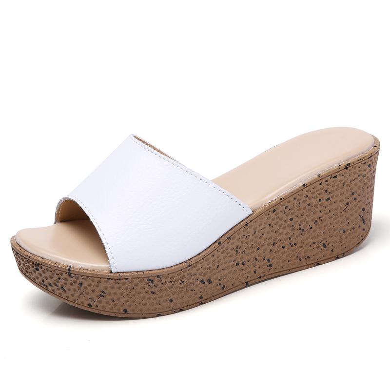

Летний кожаный спуск с женскими тапочками, босоножки на толстой подошве, босоножки на высоком каблуке, женская обувь на высоком каблуке 36 белый