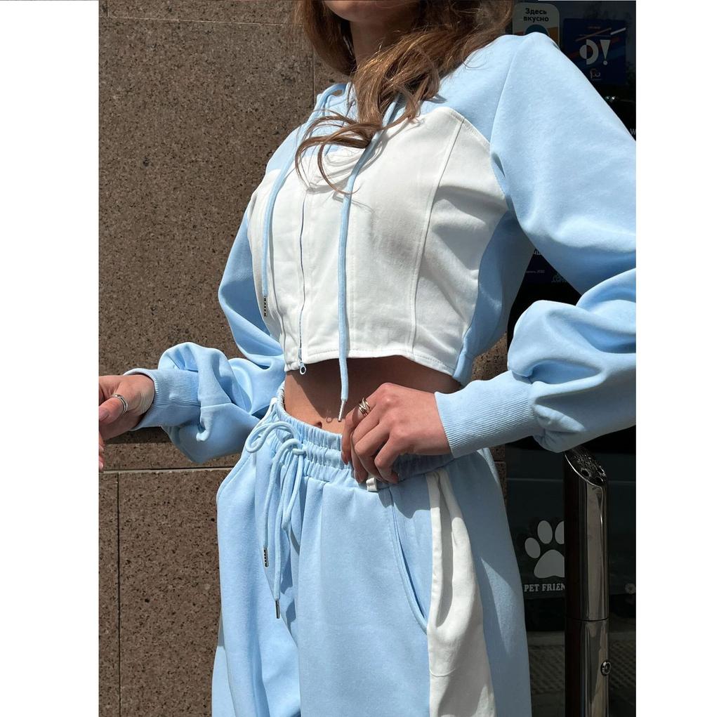Women's Color Blocked Fashion Set Sexy Waist Hooded Cross Color Cardigan Sports Pants Two Piece