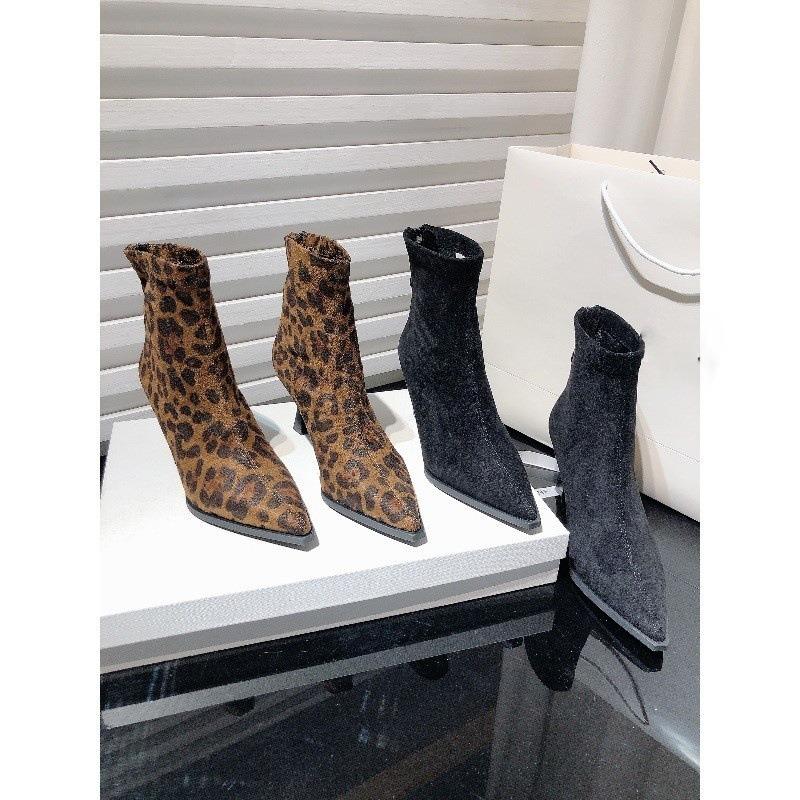 New Spice Girls Sexy Leopard Print Pointed Suede Skinny Heel Short Boots Skinny Boots Women's High Heel Fashion Boots