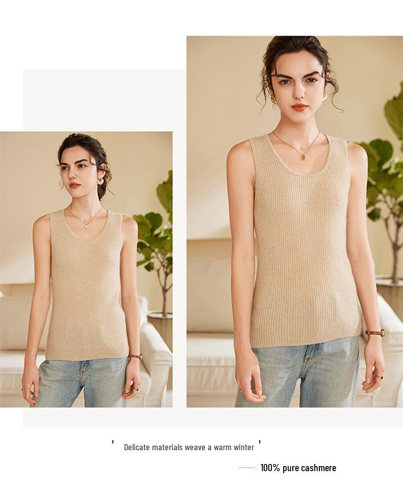 Women's 100% Pure Cashmere Ribbed Slim Fit Spaghetti Strap Vest - Autumn/Winter Knit Round Neck Inner Layer