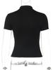 American Fashion Stand Collar Button Hollow Out T-shirt for Women 2026 Sexy Short Sleeve Slim Cropped T Shirts Black Wine Red Tops