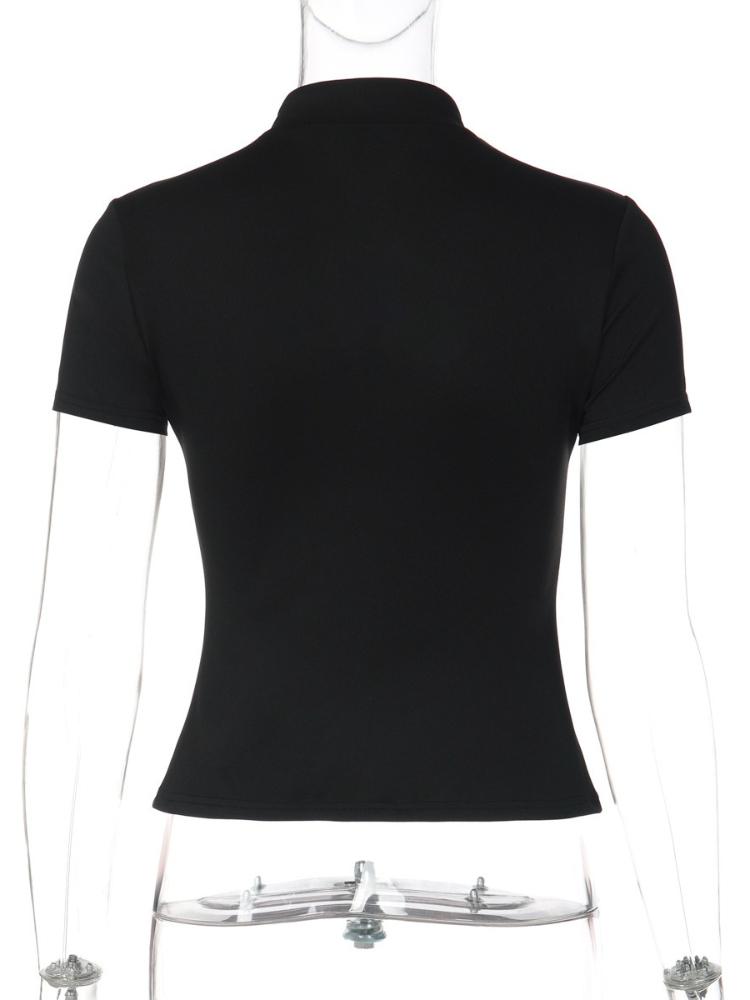 American Fashion Stand Collar Button Hollow Out T-shirt for Women 2026 Sexy Short Sleeve Slim Cropped T Shirts Black Wine Red Tops