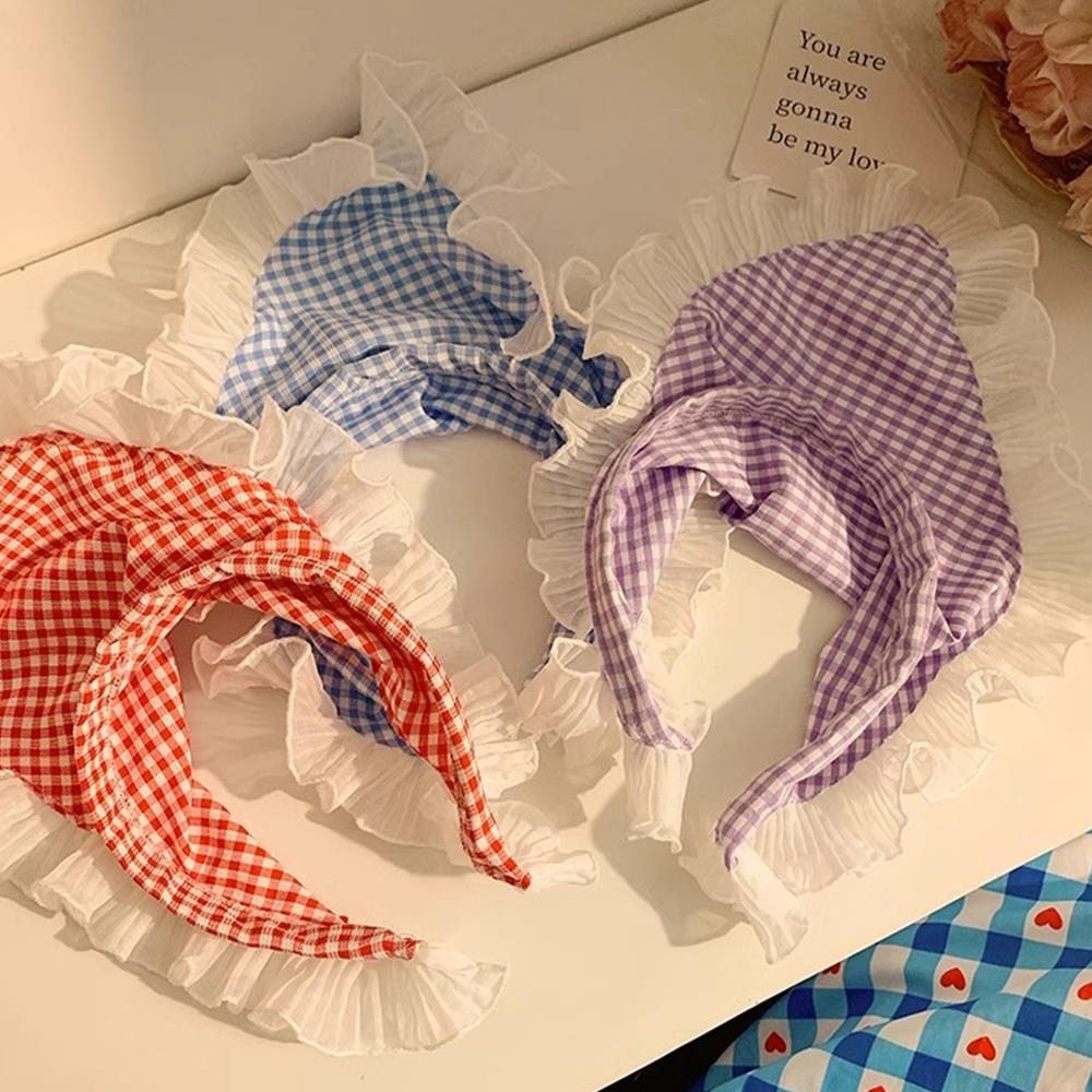INS Lace Plaid Hair Scarf Women Korean Triangle Hair Band Travel Photo Headband Sunscreen Headscarf Girls Cotton Neckerchief