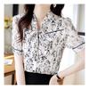 Navava Women Flower Pattern Ribbon Neck Short Sleeve Blouse Nb2085