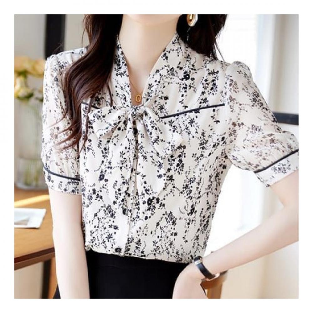 Navava Women Flower Pattern Ribbon Neck Short Sleeve Blouse Nb2085