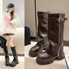 Winter Damen Bikerstiefel Mode Gürtelschnalle Damen Elegante Plateau Lange Rohrstiefeletten Lässige Damen Kniehohe Stiefeletten