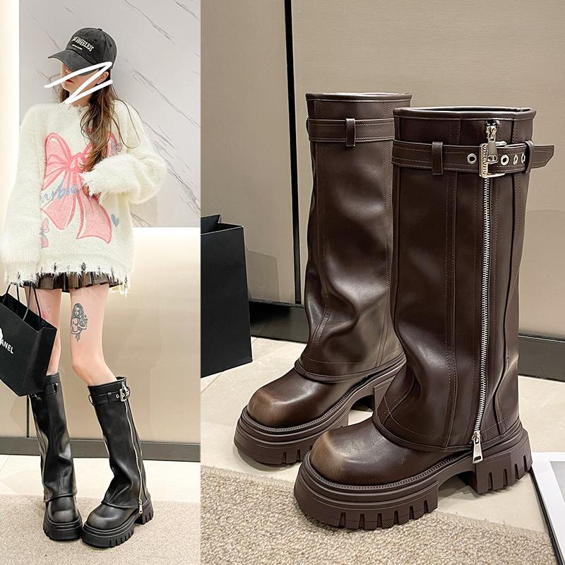 Winter Damen Bikerstiefel Mode Gürtelschnalle Damen Elegante Plateau Lange Rohrstiefeletten Lässige Damen Kniehohe Stiefeletten