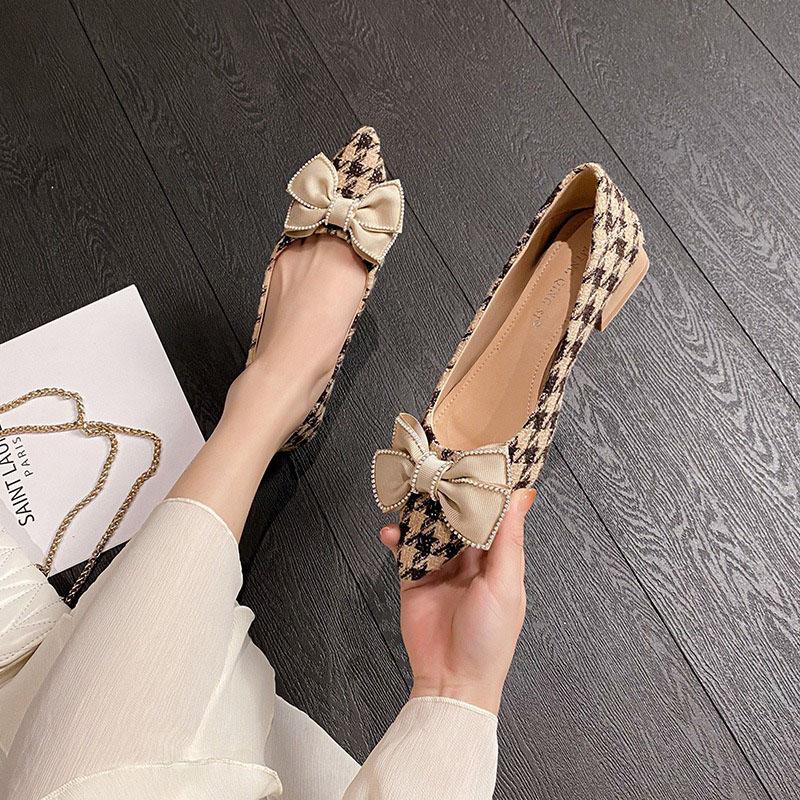 Frauen 3cm High Heels Mode Hahnentritt Pumps Weibliche Elegante Perle Bowknot Schuhe Dame Casual Flachen Außerhalb Prominente Schuhe