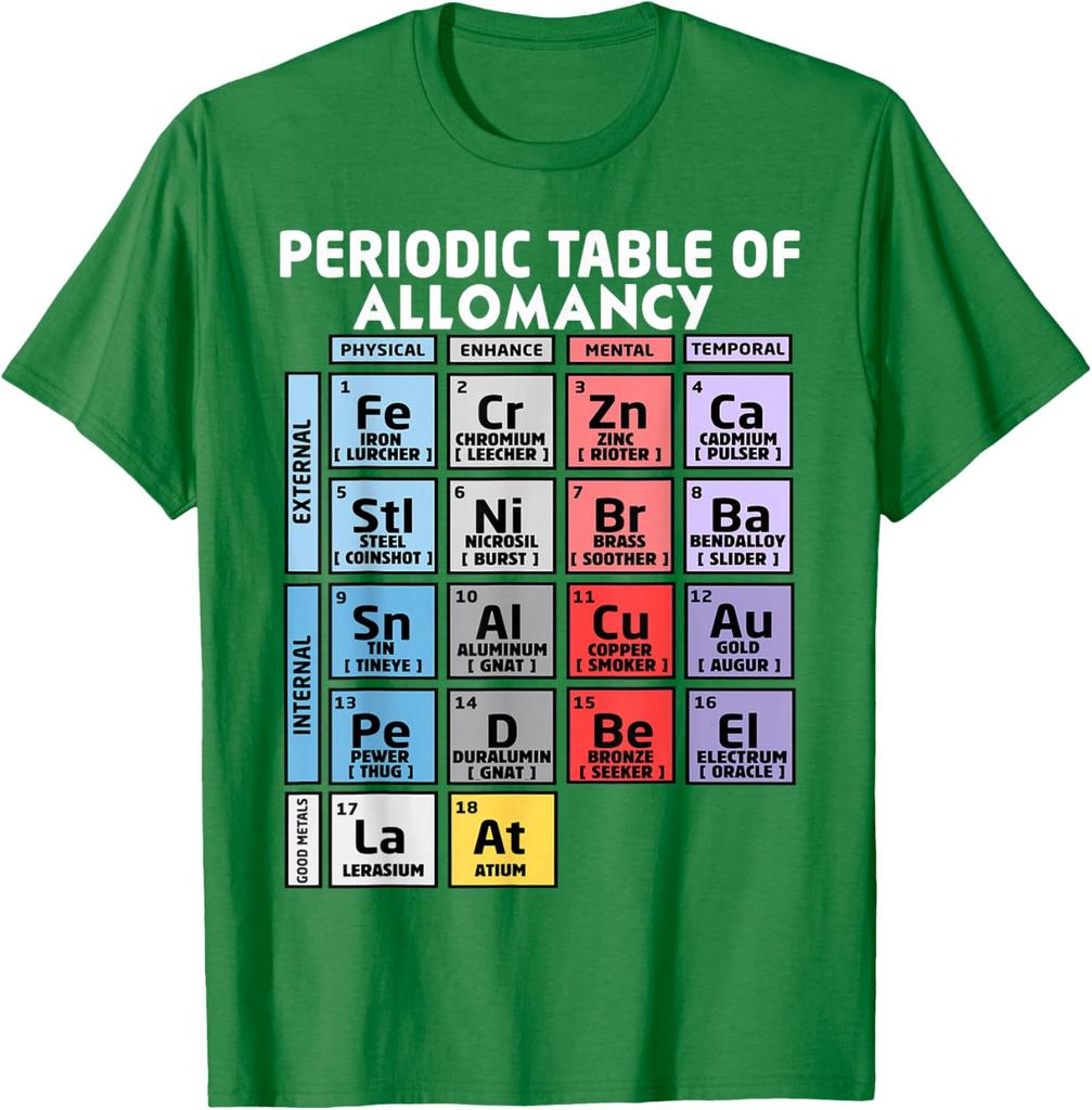 Periodic Table of Allomancy Metal Powers Graphic T-Shirt Casual Short Sleeve Cotton Crewneck Tee
