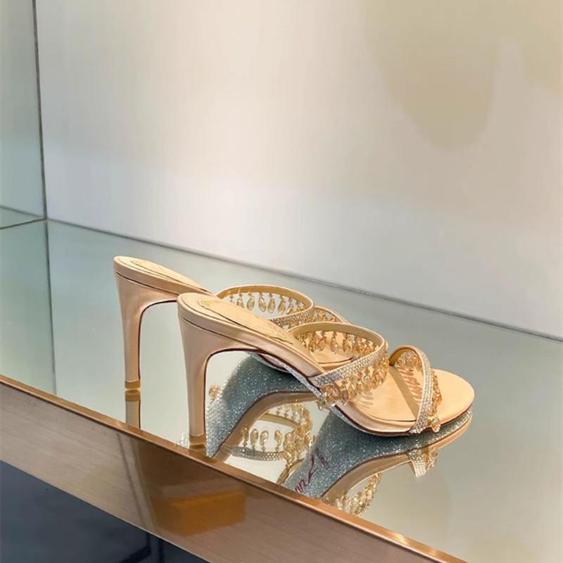 Crystal Pendant Tassel Women Slippers Sandals Elegant Stiletto High heels Mules Slides Female Summer Party Prom Shoes