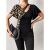 Women's New Explosion Leopard Print Asymmetric Neck Butterfly Sleeve Patchwork Top