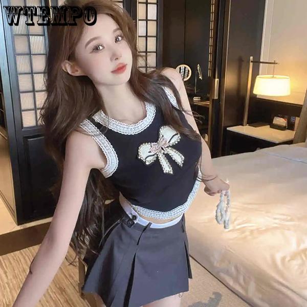 WTEMPO Elegante bestickte Schleife Strass Tanktops Damen Frühling Sommer Übergröße Schwarz Weiß Ärmellose Tops