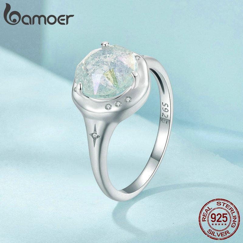 Bamoer Retro design Kulatý tvar 925 Stříbro Solitaire Promise Prsten, zásnubní prsten pozlacený bílým zlatem pro ženy