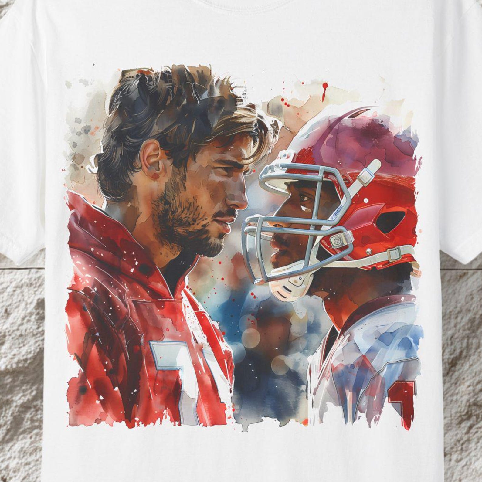 Watercolor Football Coach & Player T-Shirt, Sports Art Tee L
