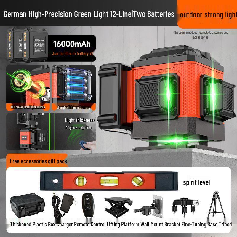 12-Line High Precision Green Laser Level - Outdoor Auto-Leveling with Strong Infrared Light