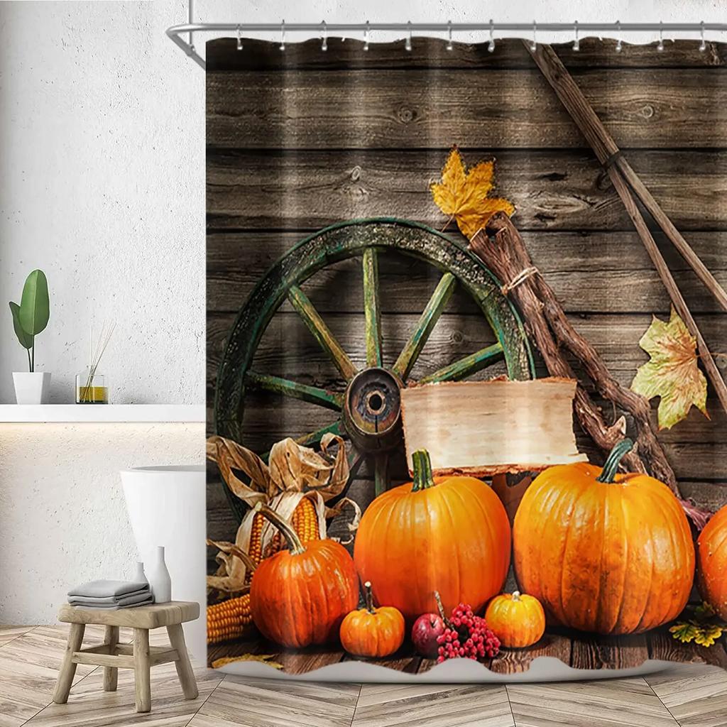 Autumn Fall Shower Curtains Brown with Thanksgiving Harvest Pumpkin Bathroom Curtain for Halloween Party Home Decor with Hooks