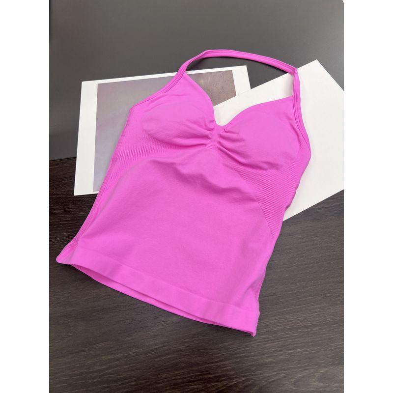Df Thin-Strap Running Ruched Halter Fitness Bra with Chest Pads, Shaping, Shockproof, Beautiful Back Sports Yoga Tank Top for Women