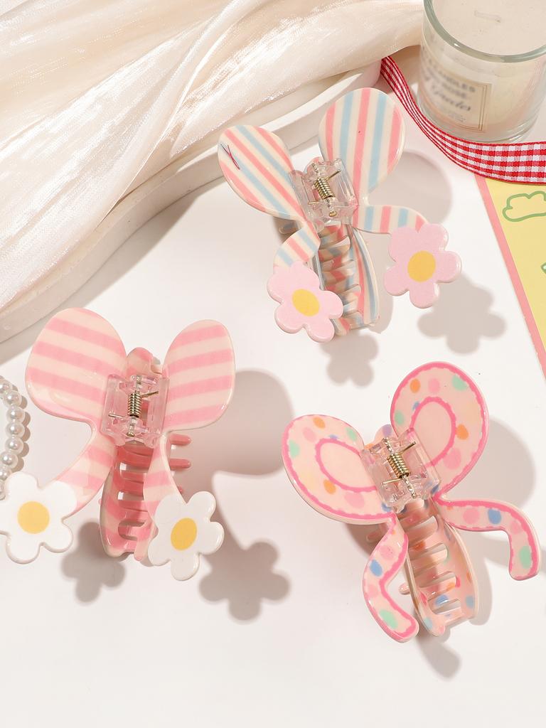 Spring Sweet Pink Spot Flower Bowknot Hair Claw Clip For Women,Butterfly Hairpin Ponytail Stripe Bow Hair Accessories Headwear