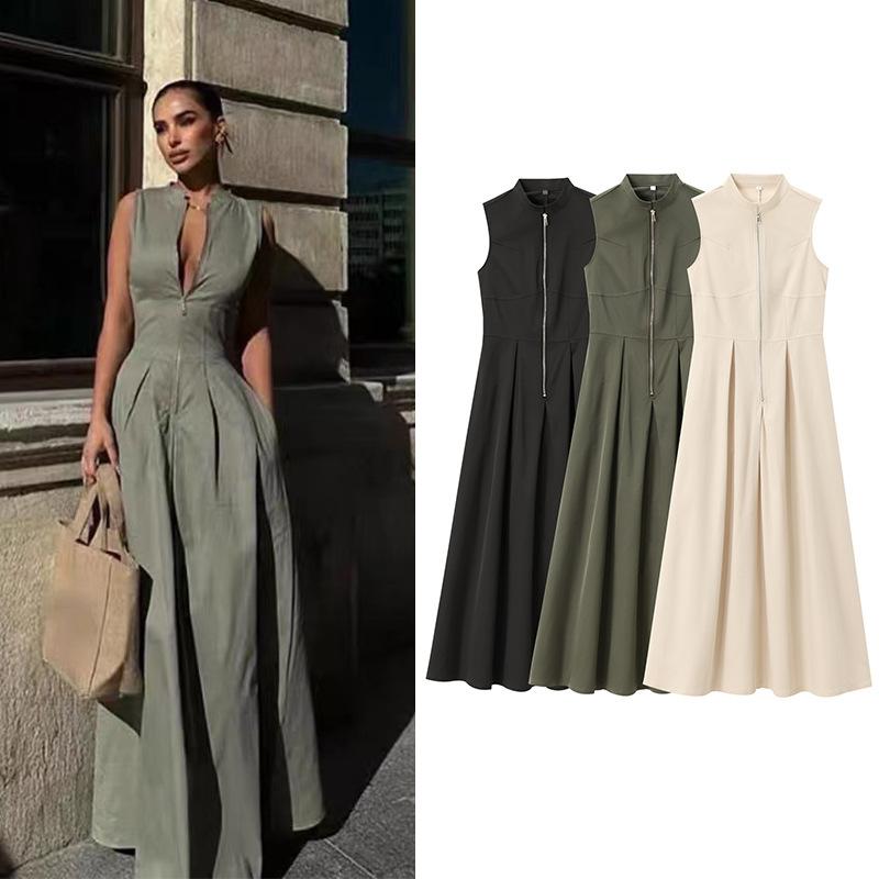 

Zipper Pleated Sleeveless Dress S бежевий