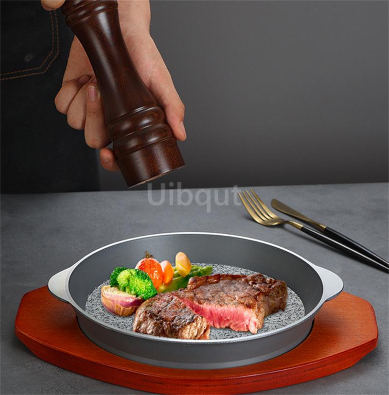 barbecue steak meat round square style grilled rice BBQ steak seafood tray Aluminum edging wood base with stone plate baking pan