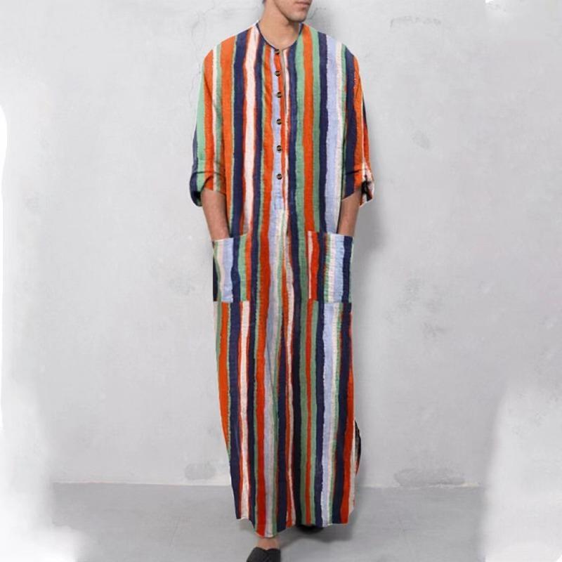 Men S Casual Long Sleeve Striped Ethnic Robe Gown