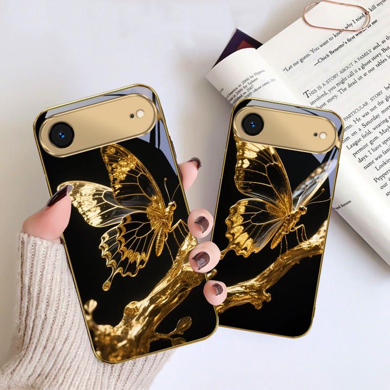 Schmetterling auf dem Ast Für IPhone 17Pro Max 16 17 Pro 15 Pro 14 13 Plus 12 Mini 11Pro Max XR 16E 17 Air Goldene Glas-Handyhülle