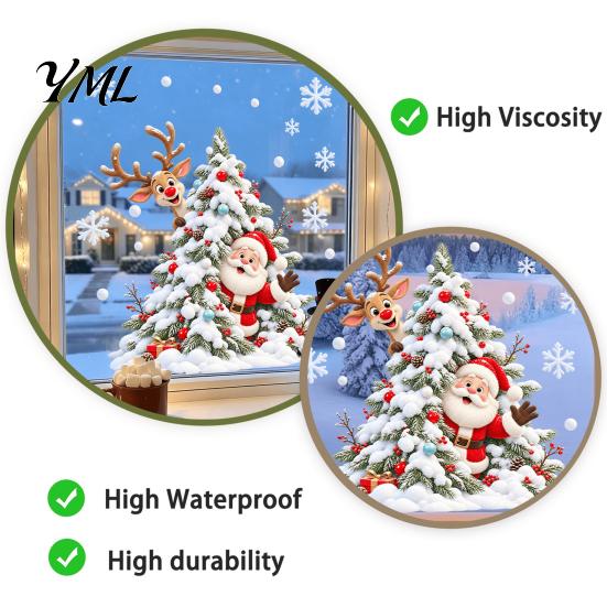 Removable Glass Stickers for Party Xmas Tree Santa Window Sticker, Static Cling Snowy Elk Waterproof PVC Christmas Decal Decal, Doors Windows Sticker