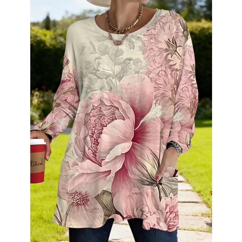 Women's long-sleeved round-neck T-shirt, suitable for spring, autumn and winter seasons. It has pockets and print designs. machine washable.