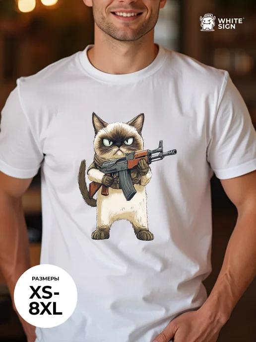Oversized youth cotton T-shirt with Cat with an Assault Rifle print S