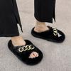 European Mao Mao slippers women wear high sense 2025 new spring and summer Internet celebrity flat bottom chain home plush slippers