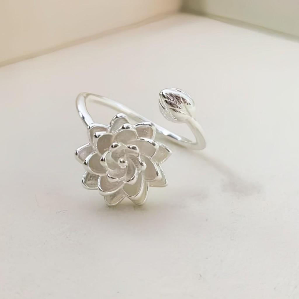 Elegantly Crafted White Lotus Flower Open Adjustable Ring
