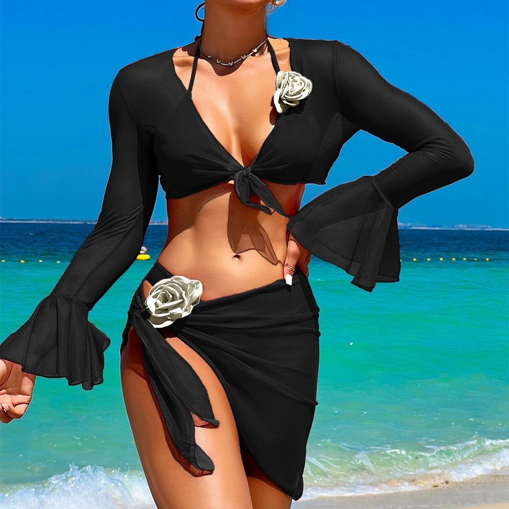 

Четырехсекционный купальник в европейском и американском стиле, сексуальный раздельный солнцезащитный крем для пляжного отдыха, бикини L чёрный