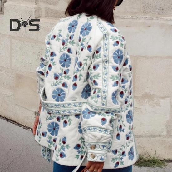 Damen Steppjacke Blumendruck Pufferjacke Langarm Rundhals Button Down Oberbekleidung Mantel mit Gürtel
