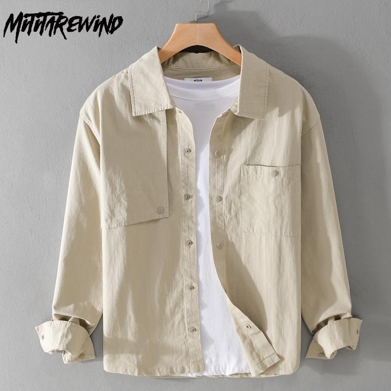 

Spring and Autumn Long Sleeve Shirts for Men 100 Cotton Causal Shirt Lapel Light Khaki Hidden Button Shirt Youth Streetwear Overshirt M легкие хаки