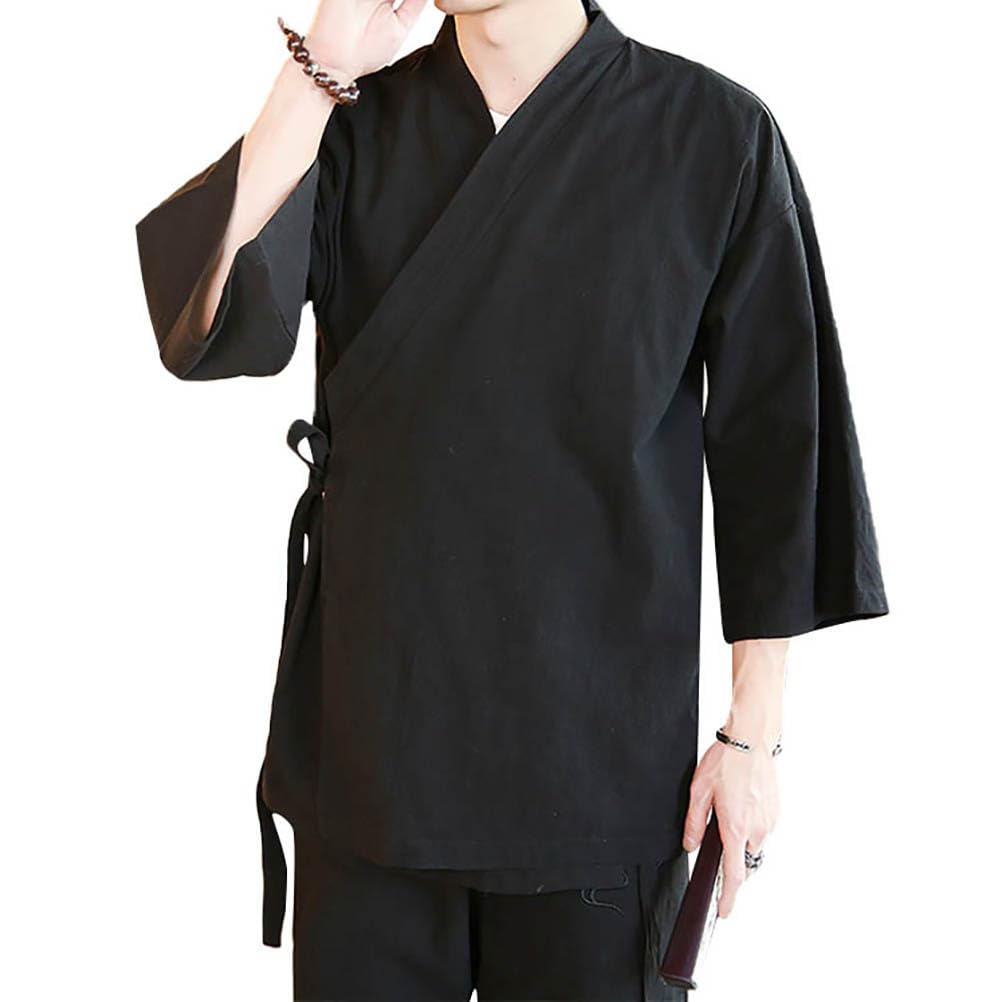 Breathable Men's Japanese-style Cardigan, Open-necked, Haori, Cotton-linen, Jinbei-style, 3/4-sleeve, Summer/Autumn, Yukata, Kimono, Jacket, Casual,