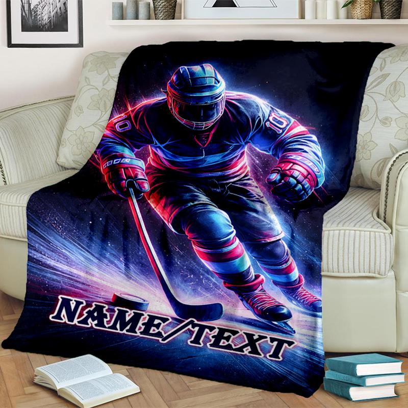 1PC Custom Name Hockey Player Action outdooor Flannel blankets Throw Blanket All-Season Throw Gift Bedspread for Couch, Bed, Camping Holiday Birthday