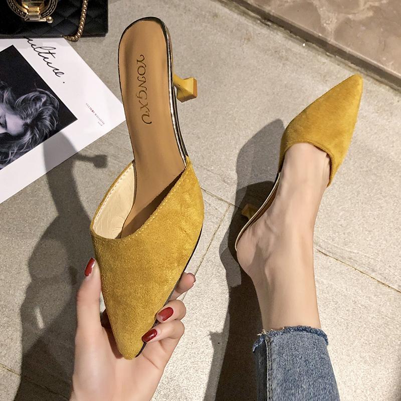 Classic Sandals for Women Slides Casual Thin High Heels Shoes for Women Solid Flock Slip on Pointed Toe Summer Sandals Plus Size