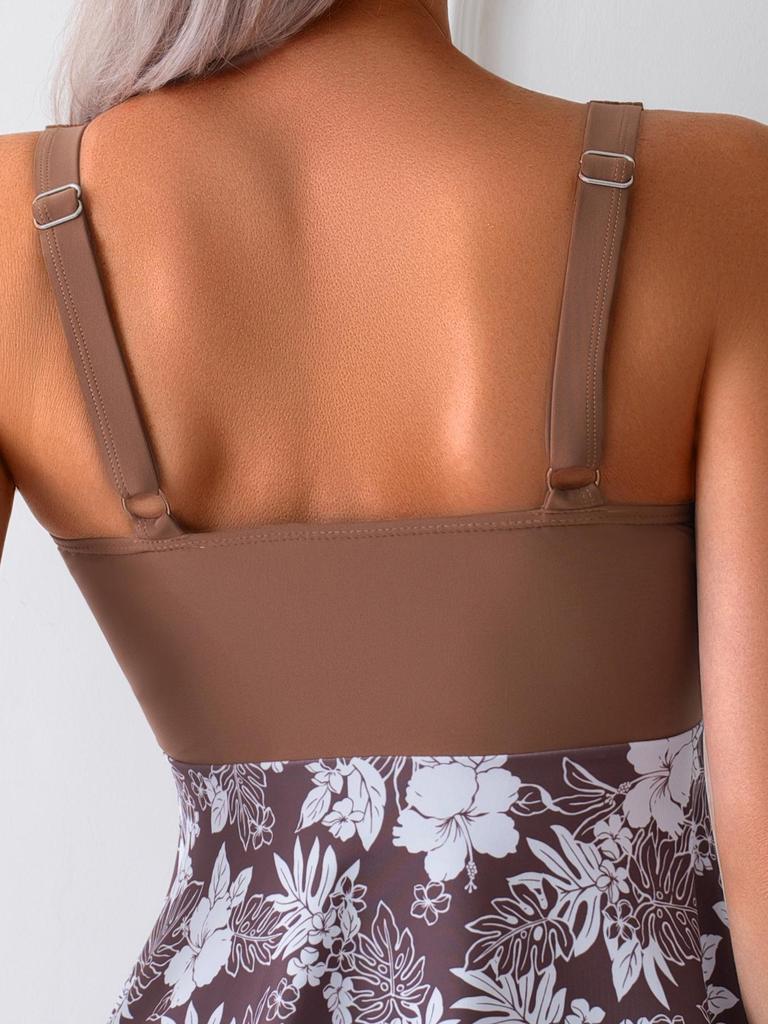 Women's Print Splicing Tummy Control Slimming Tankini Swimsuit with Wide Shoulder Straps