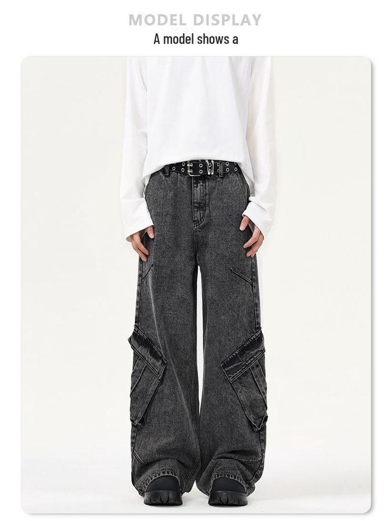 XXBRO Men's High-Street Retro Stitching Wasteland Wide-Leg Pants Jeans