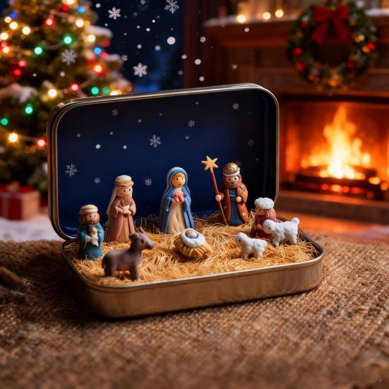 Miniature Christmas Nativity Set In A Tin Box Handcrafted Pocket Nativity Scene Gift Small Religiou Holy Family Ornament for Desk Shelf Office Travel
