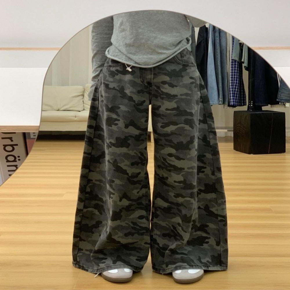 women s Camouflage Wide Leg Jeans High Waisted Loose Straight Denim Cargo Pants Streetwear S