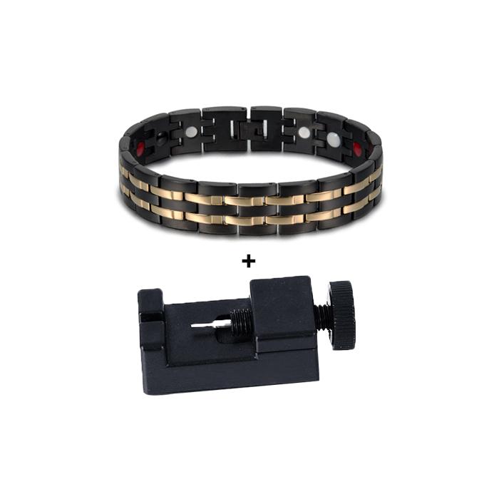 Ikuinen Health Mens Hand Chain Black Double Row Gold Color Bio Magnetic Bracelet 15mm Wide Stainless Steel Bracelets For Man