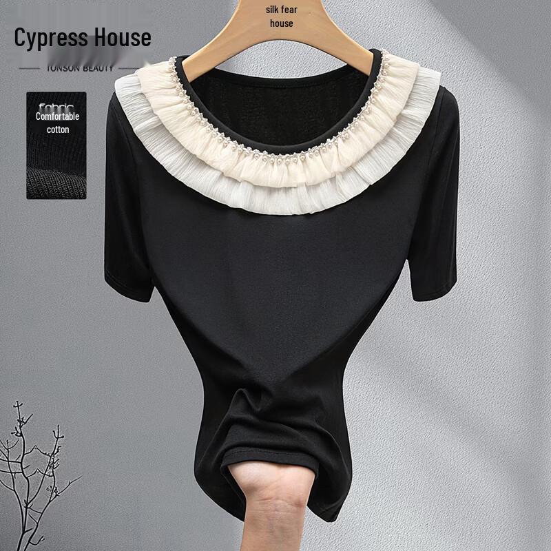 Women s Contrast Lace Collar Round Neck Short Sleeve T-Shirt S