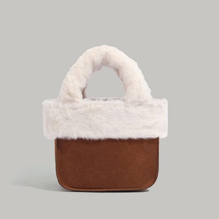 

Bag women s autumn and winter retro new suede plush bag portable small square bag fashionable fluffy oblique shoulder bag коричневий