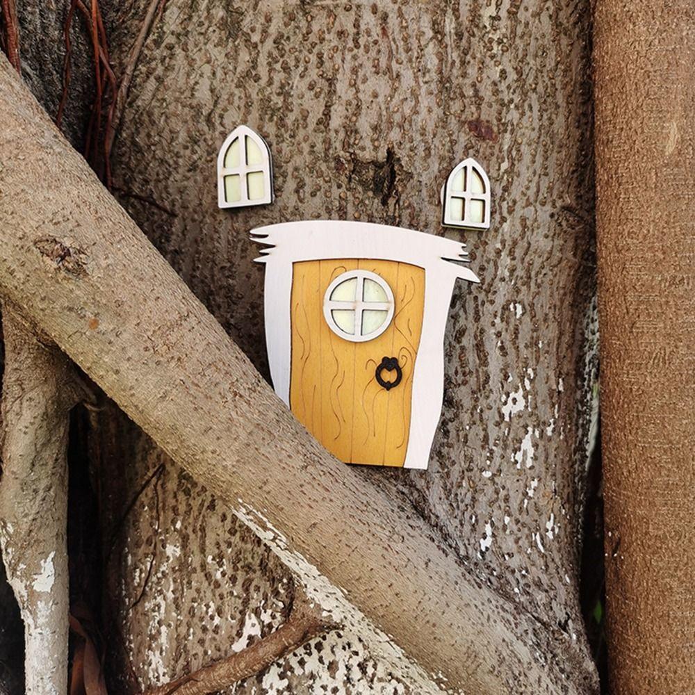 Cute Wooden House Miniatures Cartoon Fairy Door Ornaments Fluorescent Elf Door Decor Gifts