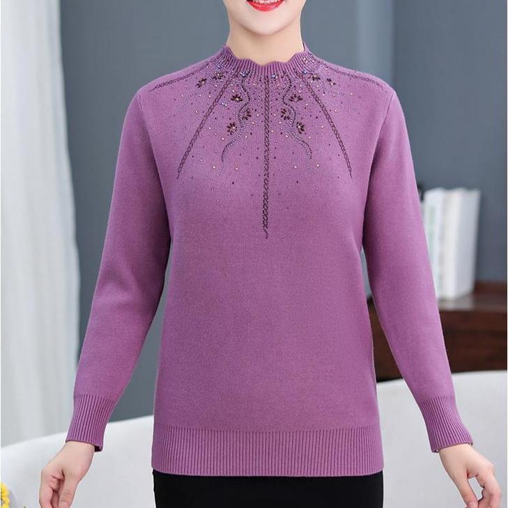 Women's Plus Size Sweater Winter Half-Turtleneck Solid Color Rhinestone Knit Pullover Sweater